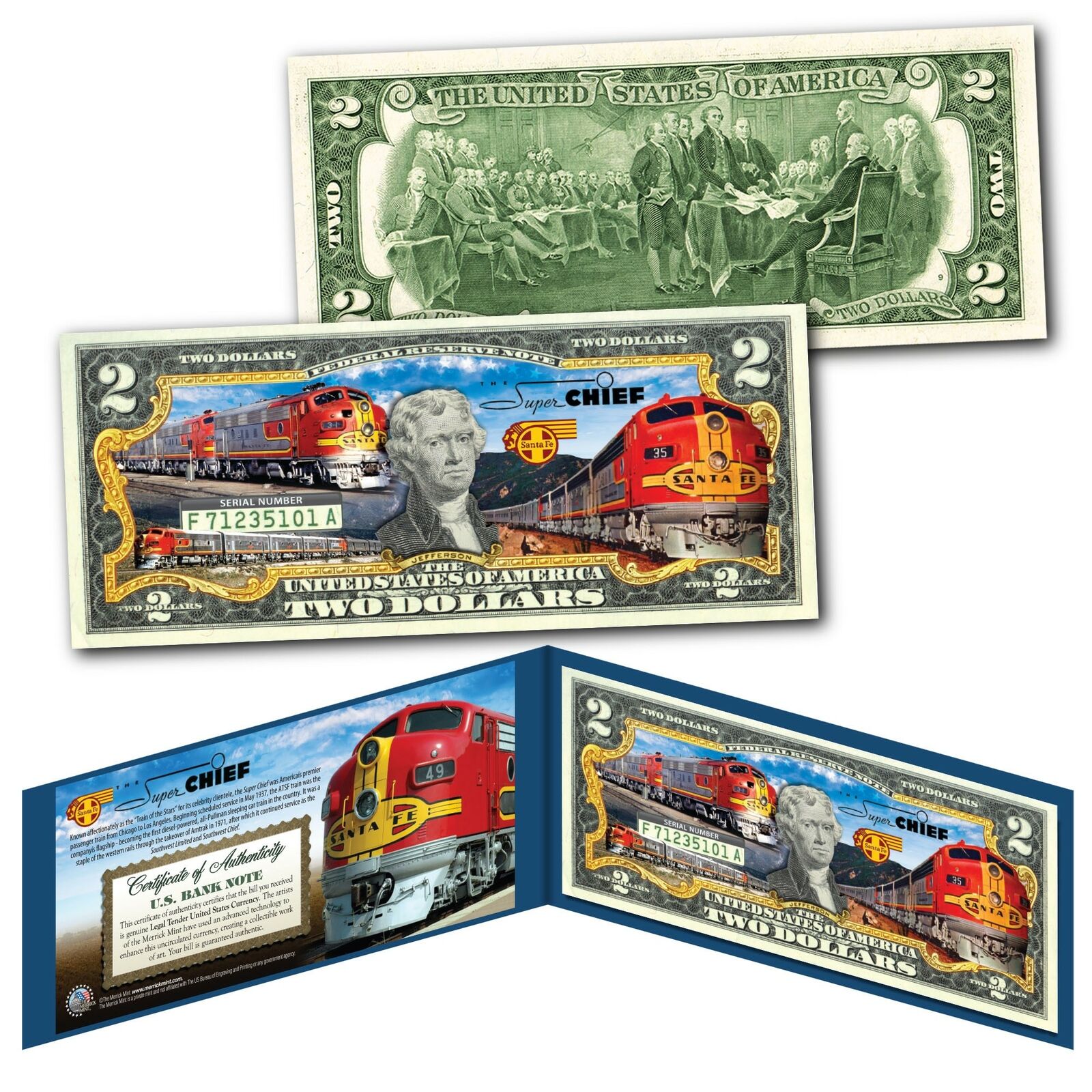 SUPER CHIEF Train of the Stars Santa Fe Railroad Genuine Legal Tender $2 US Bill