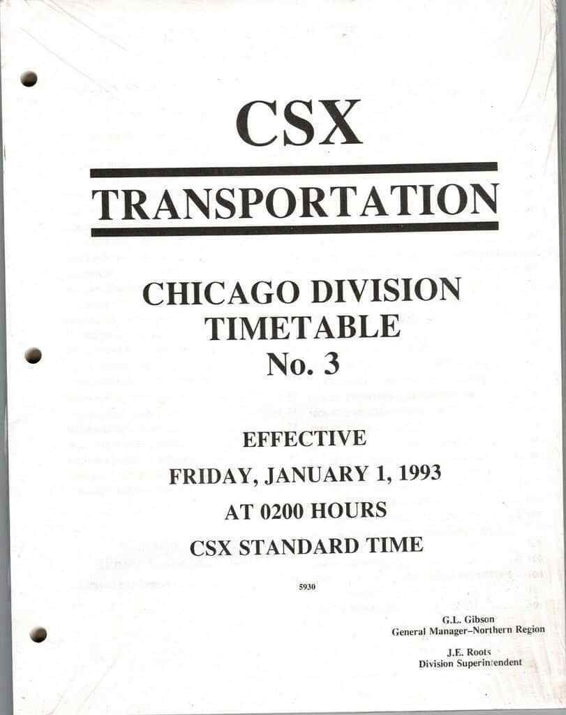 CSX Transportation Chicago Division Timetable 3 January 1993 