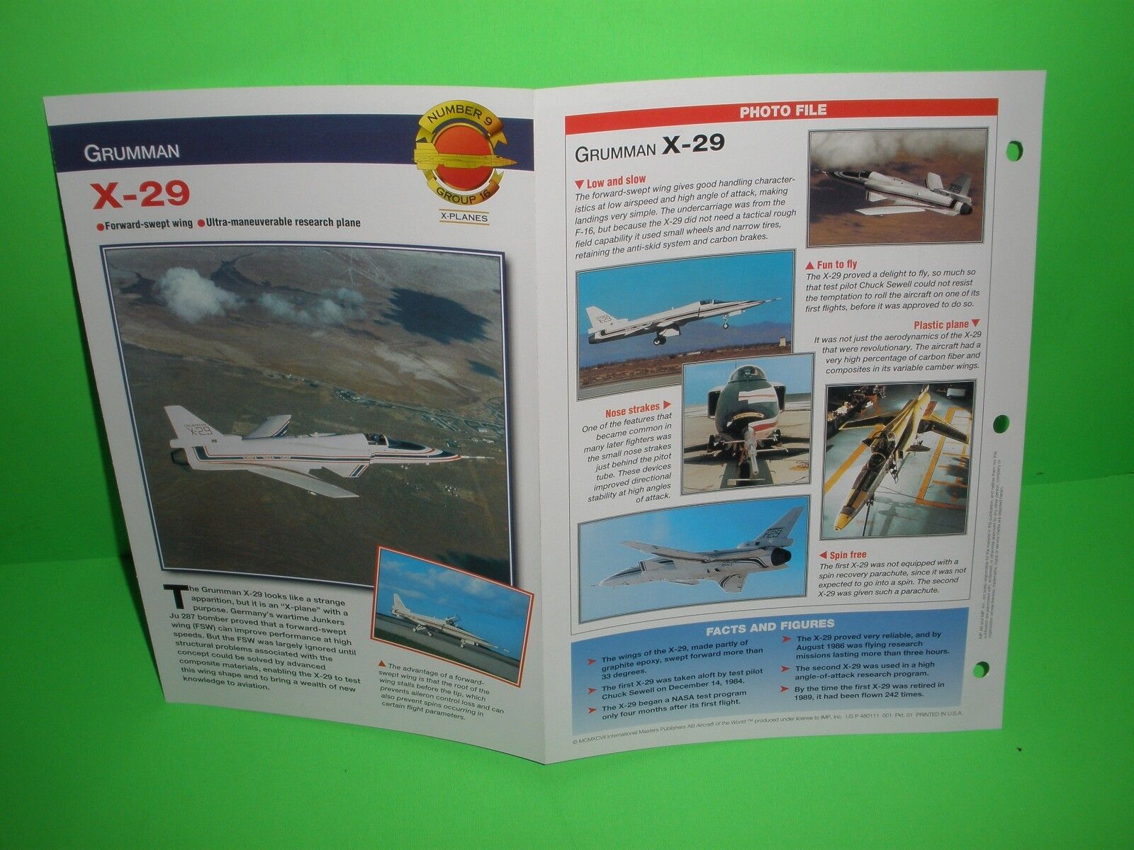 GRUMMAN X-29 AIRCRAFT FACTS CARD AIRPLANE BOOK 223