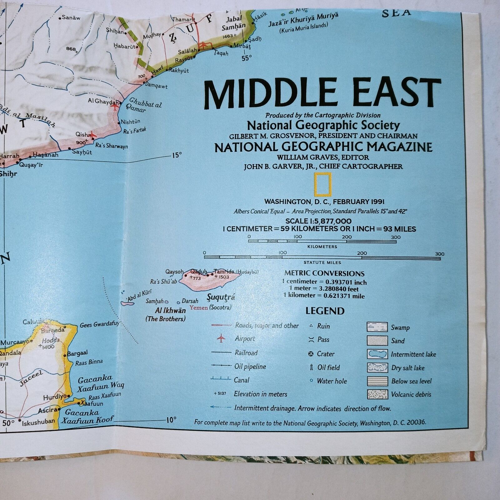 THE MIDDLE EAST MAP Physical & Political National Geographic February 1991