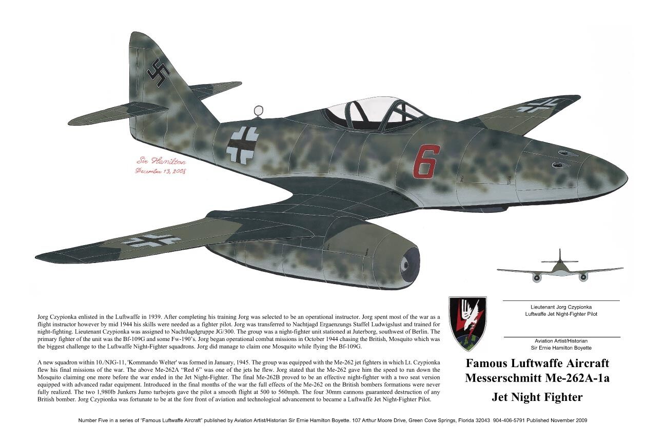 Me-262, Night-Fighter signed by Luftwaffe Pilot Aviation Artist, Ernie Boyette