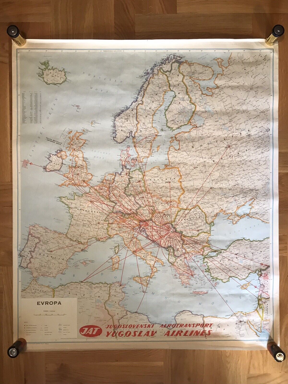 BIG VINTAGE JAT AIRLINES TRAVEL FLIGHT ROUTE MAP AGENCY WALL ADVERTISING POSTER