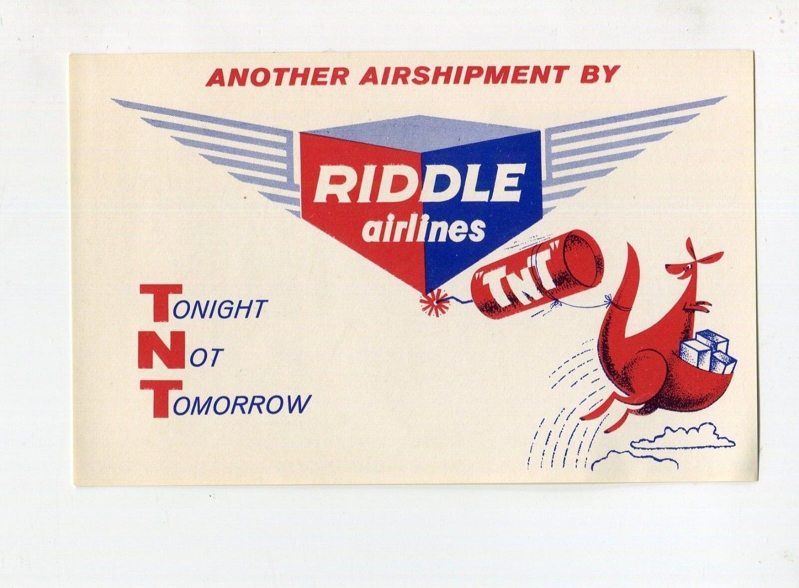 Vintage Airline Luggage Label RIDDLE AIRLINES Air Shipment kangaroo TNT