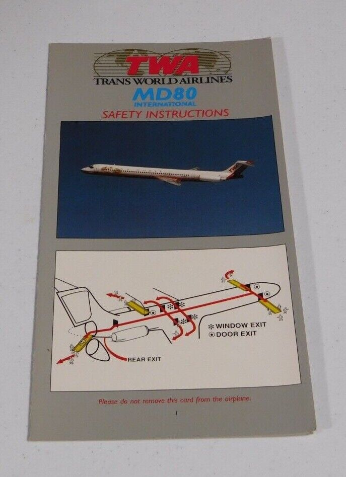 TWA BOEING MCDONNEL DOUGLAS MD80 SAFETY INSTRUCTIONS CARD VERY GOOD 08/97