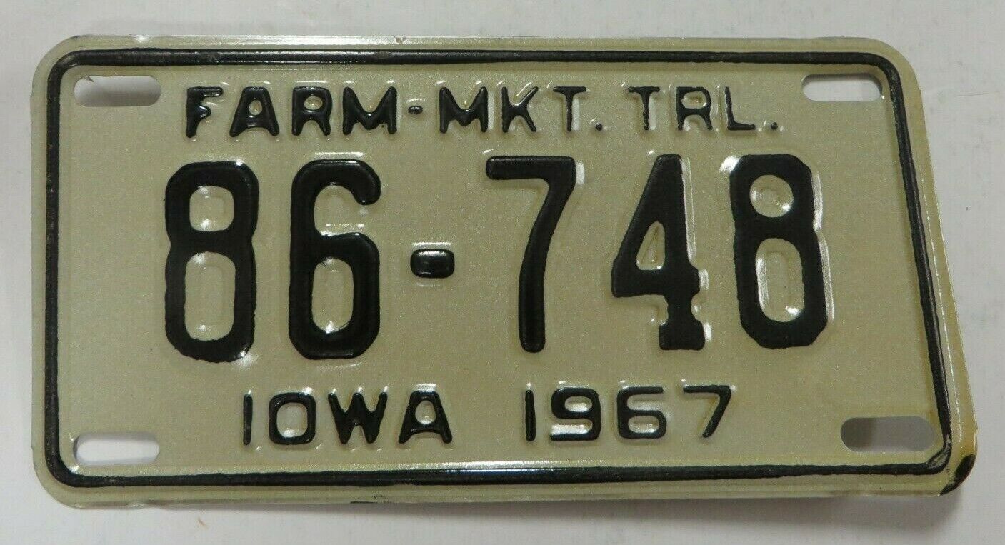 Vintage 1967 FARM MARKET TRAILER License Plate Tag IOWA 86-748 New Old Stock