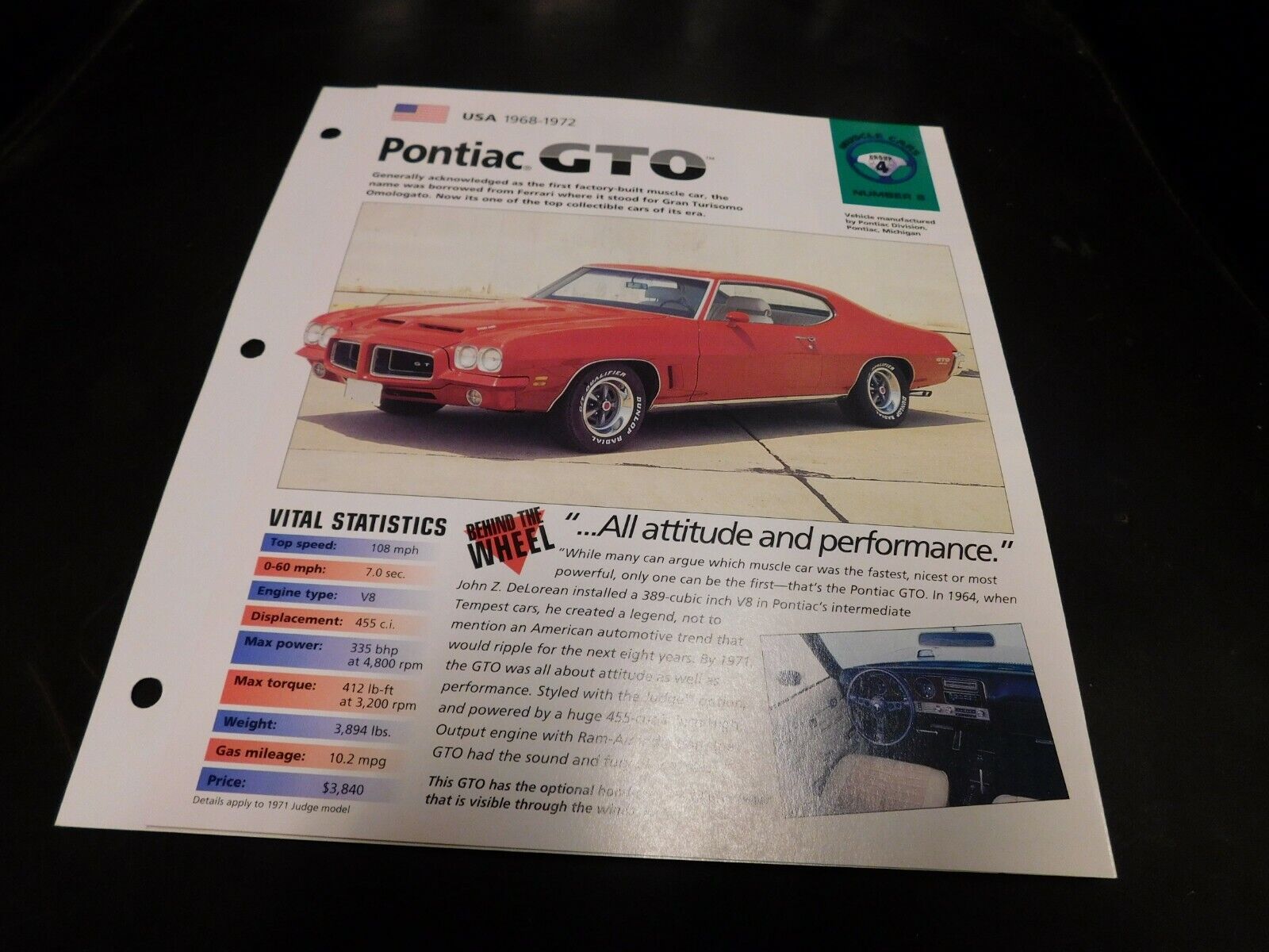 1968-1972 Pontiac GTO Spec Sheet Brochure Photo Poster 69 70 71