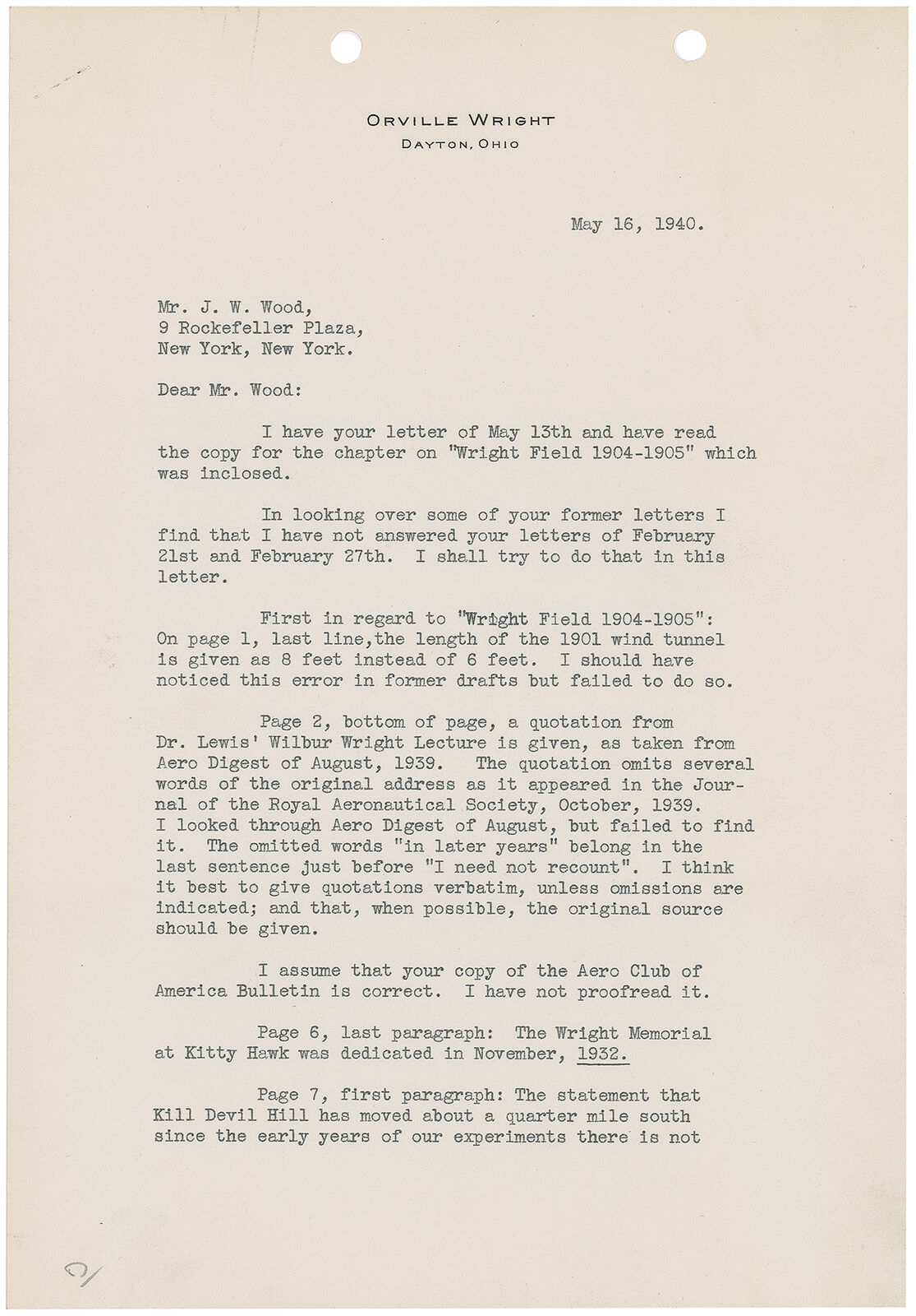 Orville Wright Typed Letter Signed: Famed aviator writes about first flight