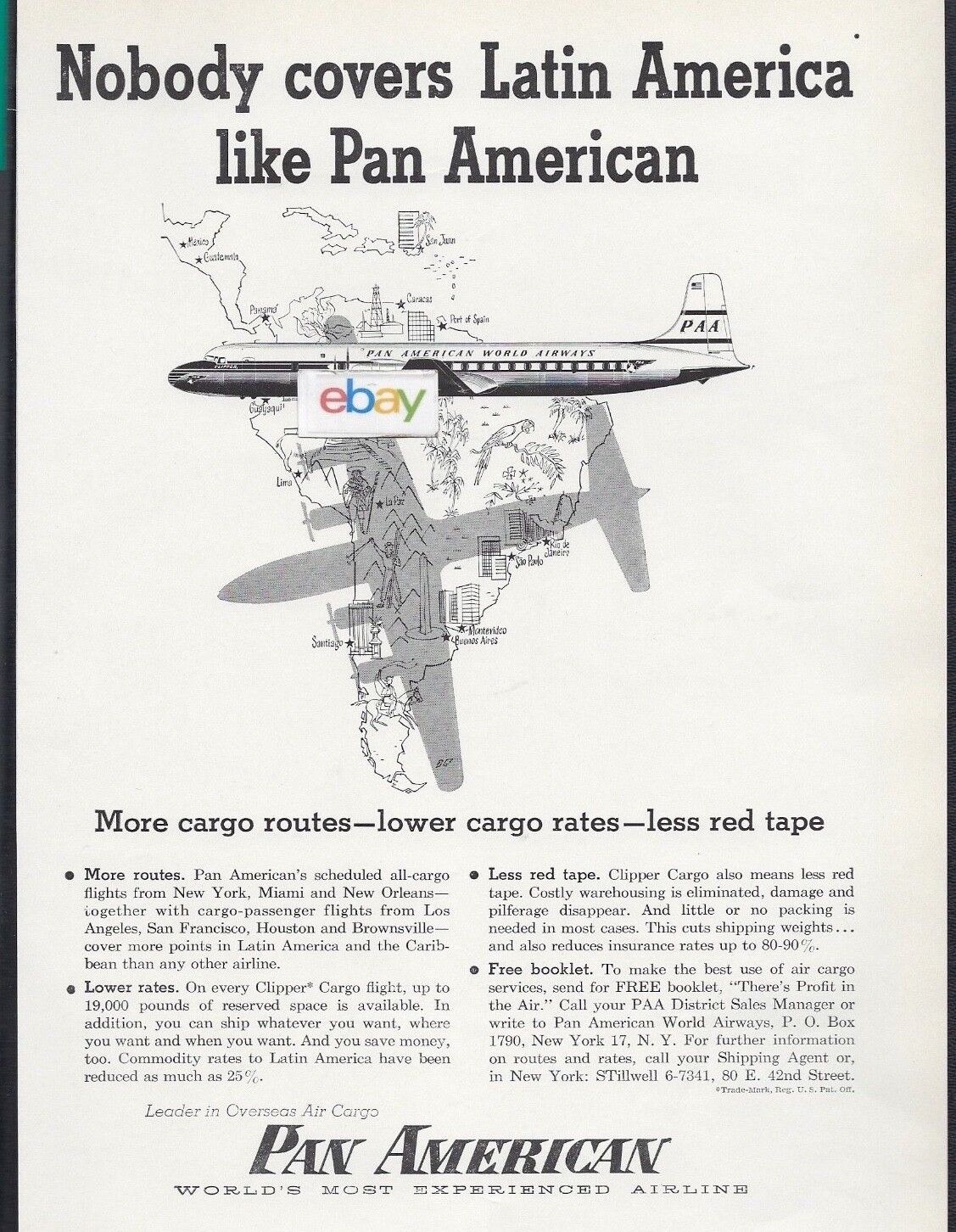 PAN AM 1956 DOUGLAS DC-7C\'S NOBODY COVER LATIN AMERICA LIKE PAN AMERICAN AD