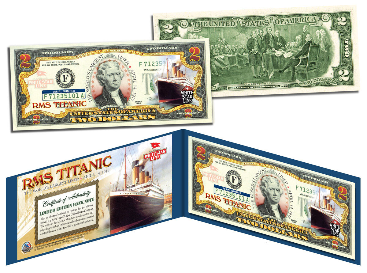 TITANIC RMS Ship * April 14, 1912 * Genuine Legal Tender U.S. $2 Bill Currency