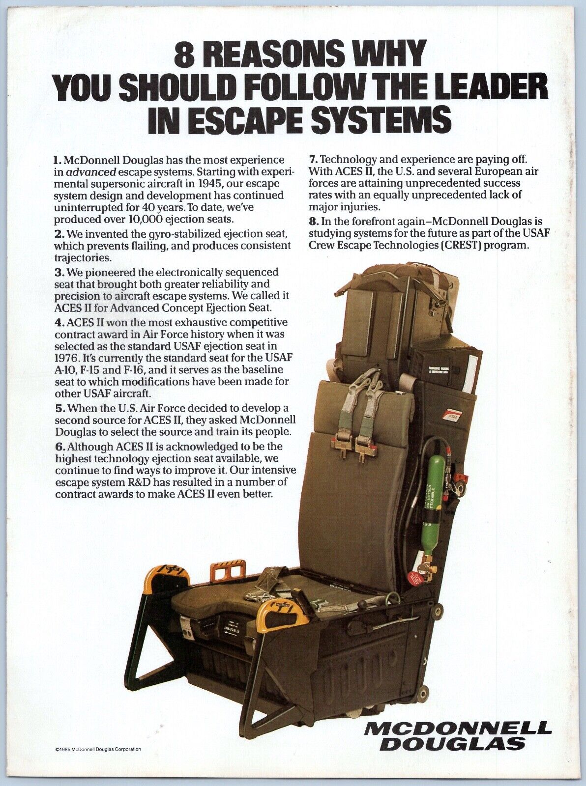 1985 McDonnell Douglas Escape Systems Aviation Ad ACES Pilot Ejection Seat USAF