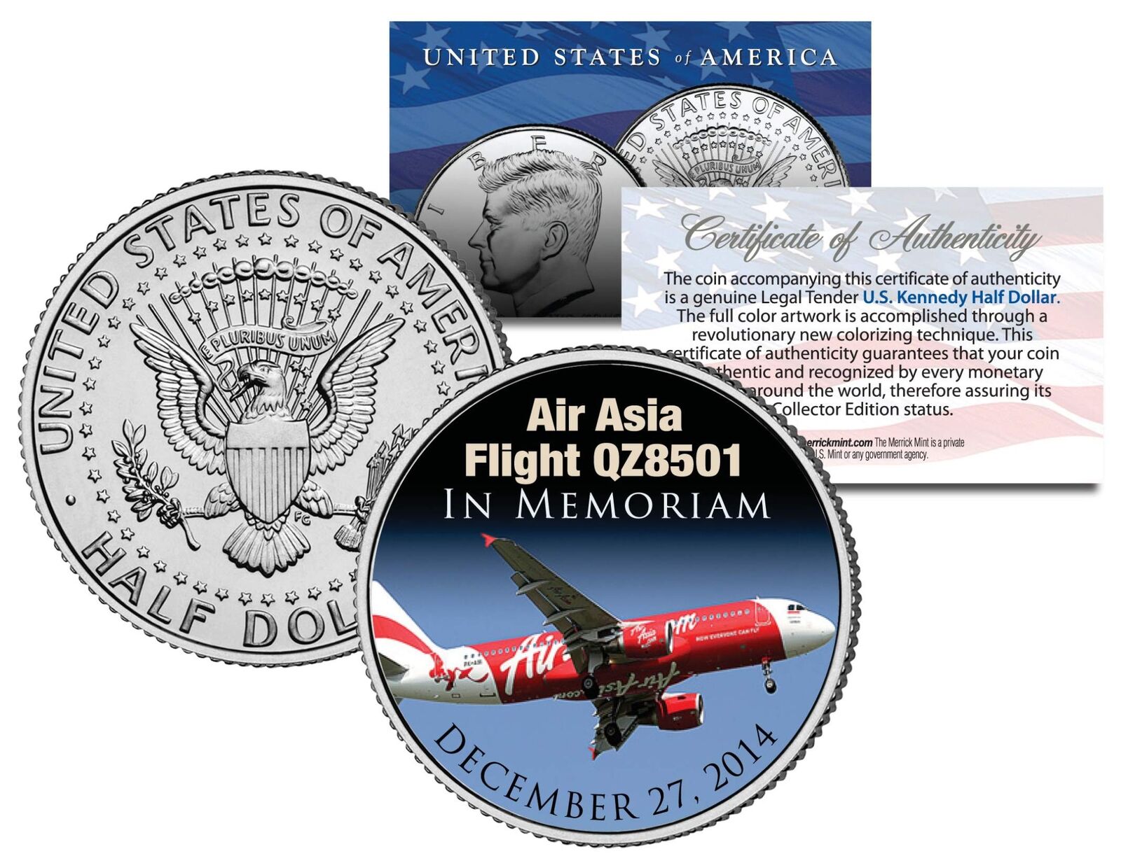 Air Asia Flight Q28501 * In Memoriam * Colorized 2014 JFK Half Dollar U.S. Coin