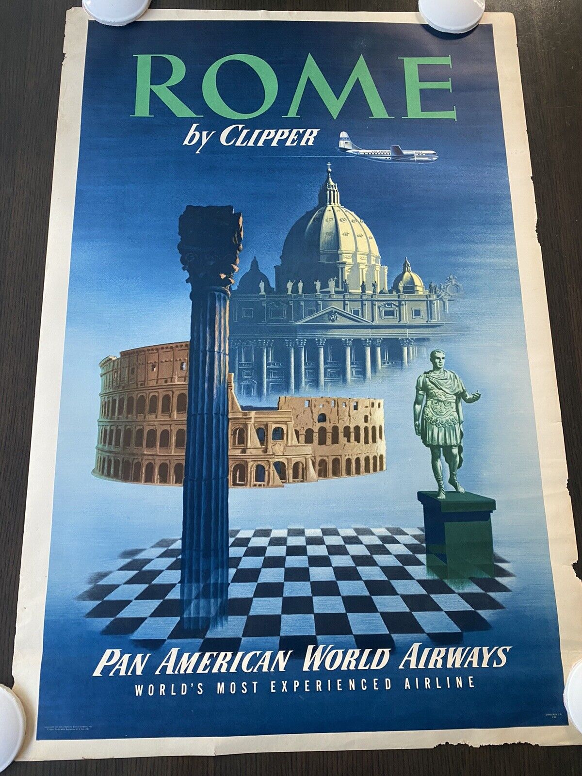 Pan Am Airlines  Vintage 1951  RARE Poster. ROME Clipper Service to Rome.  Litho