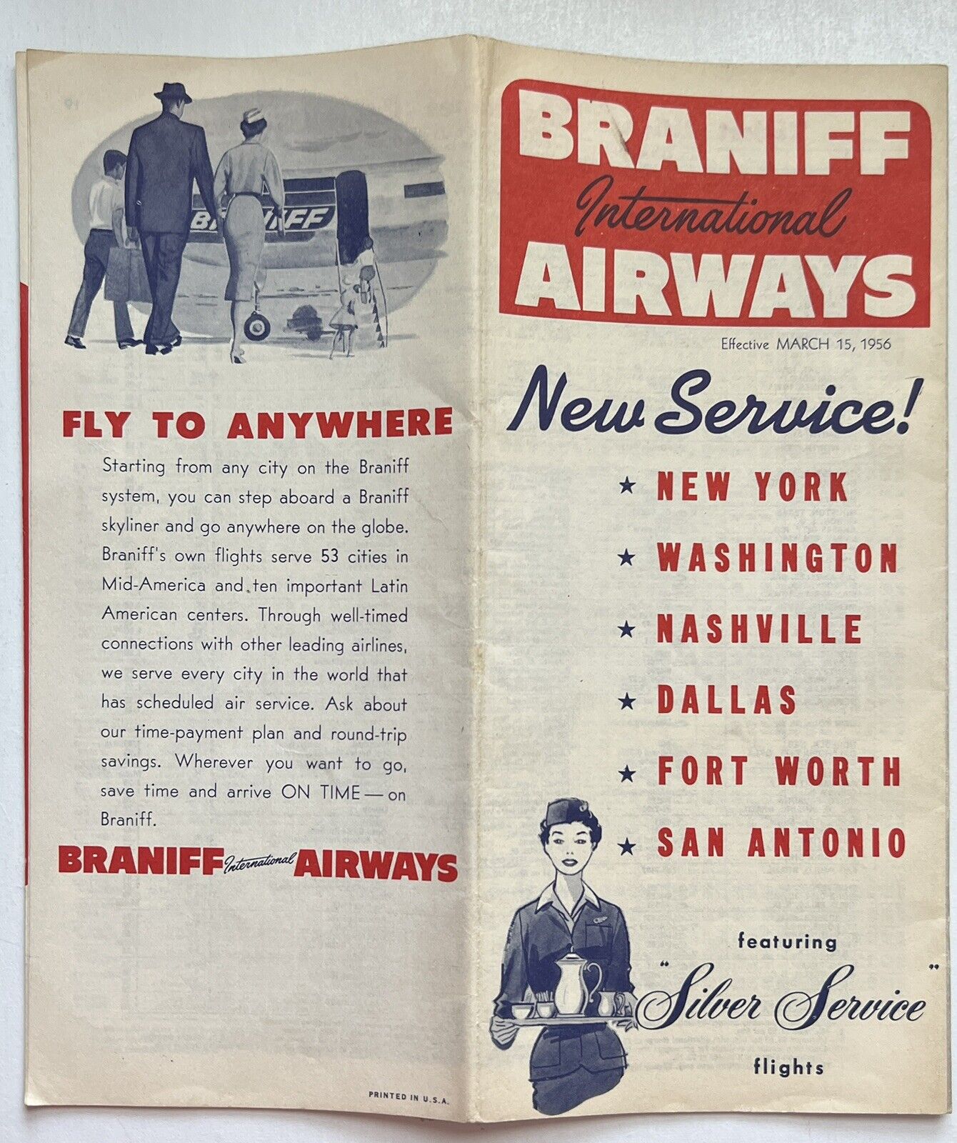 1956 Braniff International Airways Airline Silver Service Cover Schedules & Map