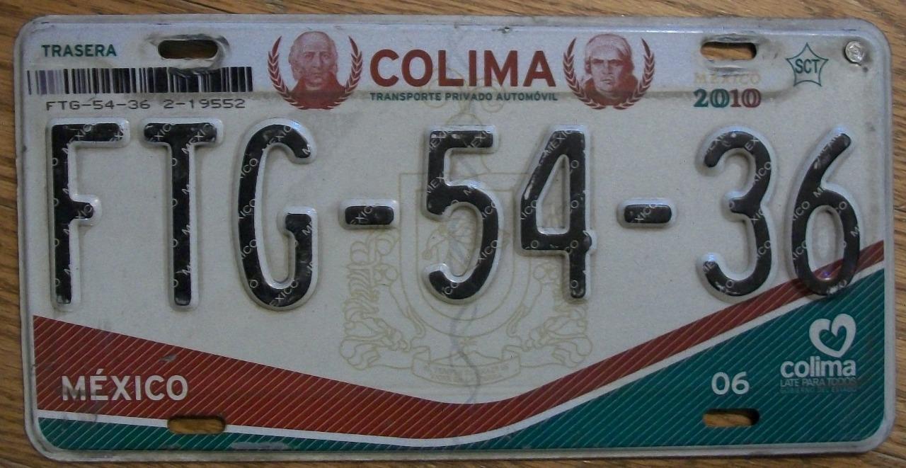 SINGLE MEXICO state of COLIMA LICENSE PLATE - 2010/17 - FTG-54-36 - AUTOMOVIL