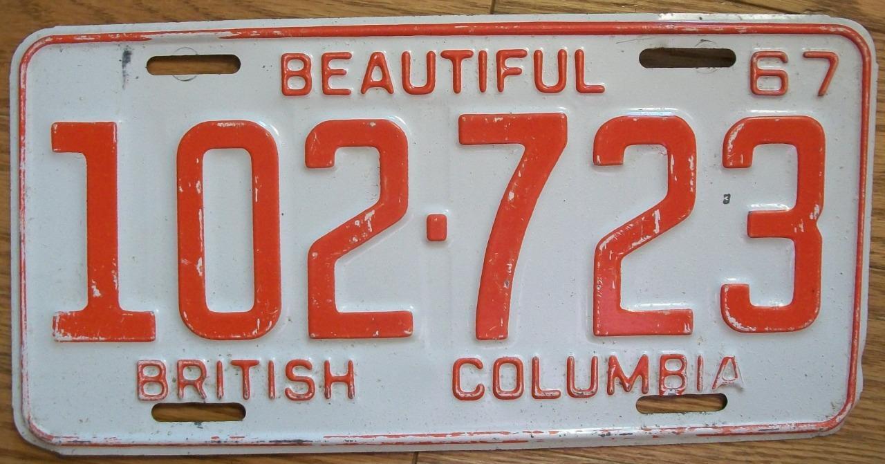SINGLE BRITISH COLUMBIA, CANADA LICENSE PLATE - 1967 - 102-723