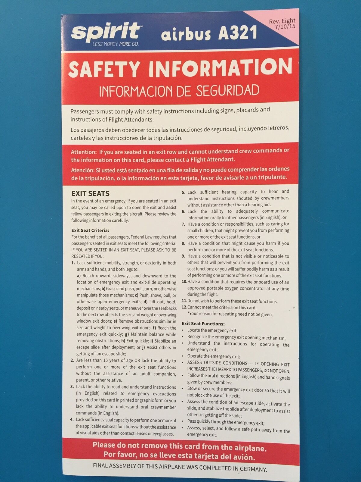 SPIRIT AIRLINES SAFETY CARD--AIRBUS 321 --2015 REV