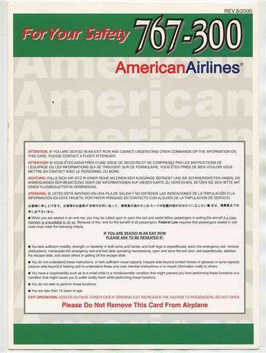 American Airlines 767-300 Passenger Safety Card 2000 For Your Safety