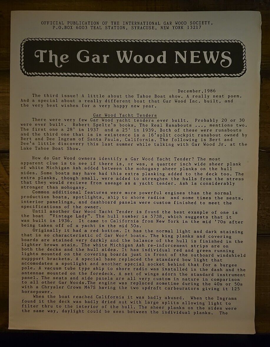 The Gar Wood News International Society 1987 Newsletter Yachting Boating