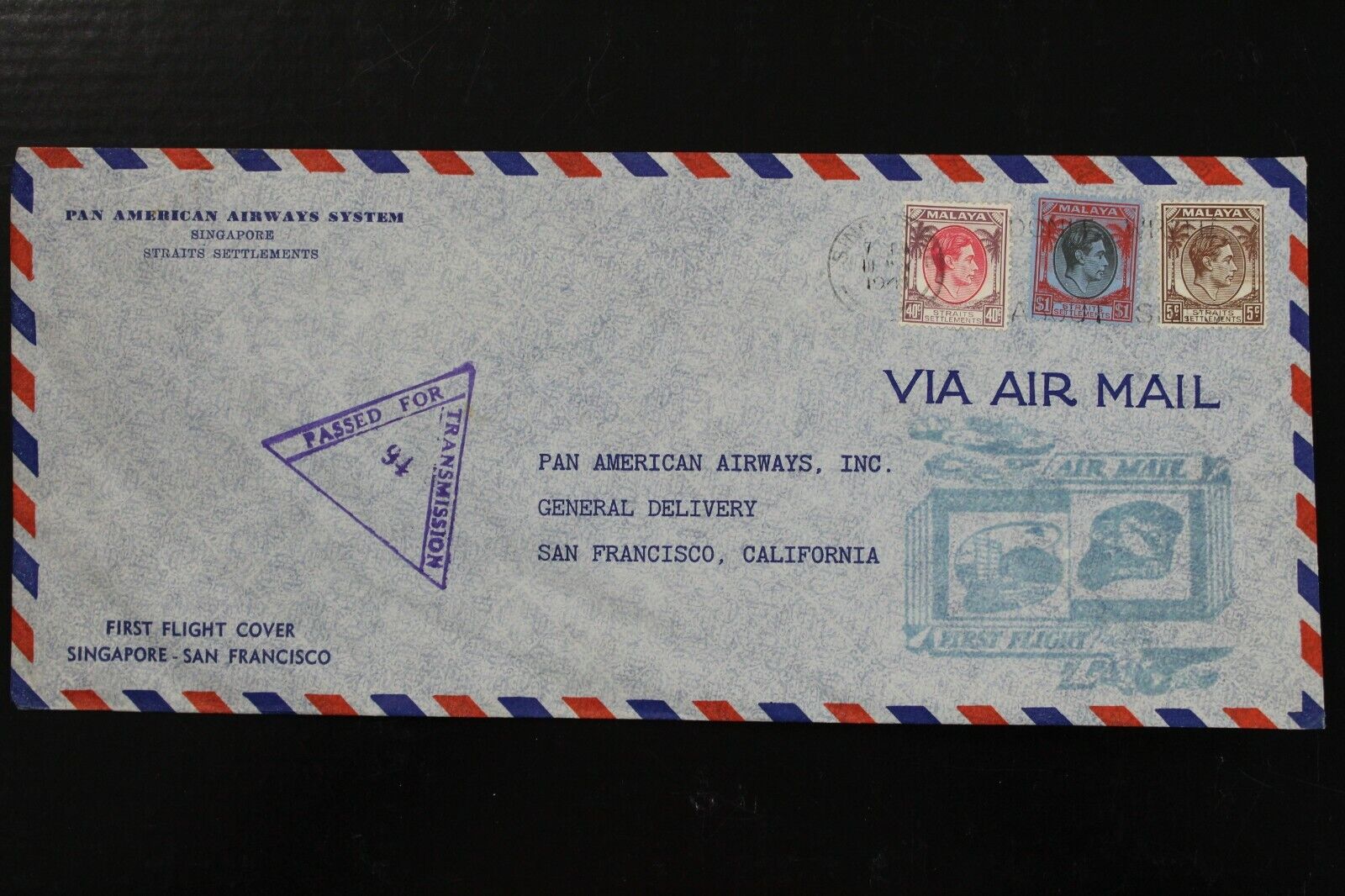 Pan American Airways First Flight Cover Singapore-San Francisco-Malaya 1941