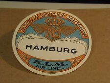 K. L. M. Air Lines  Hamburg Luggage Vintage Label  10/07/21 picture