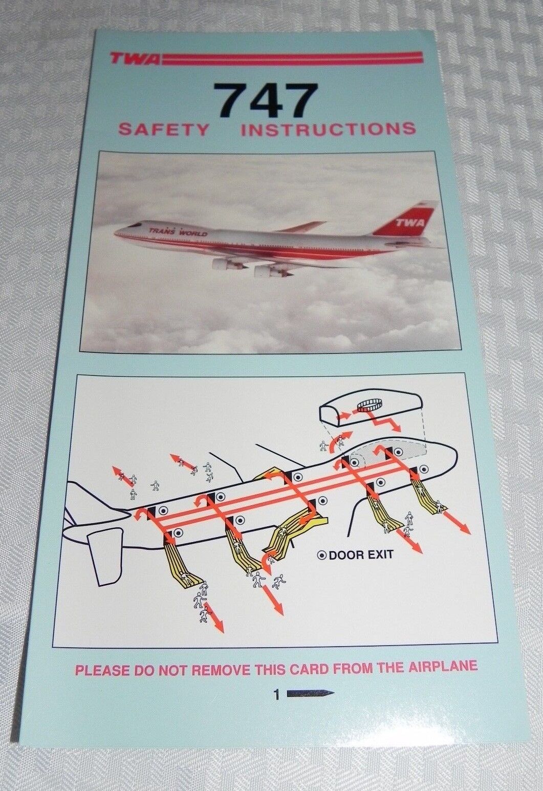 TWA BOEING 747 SAFETY INSTRUCTIONS CARD EXCELLENT CONDITION 5/91