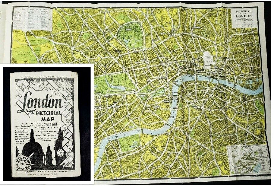 Vintage 1940s Geographers London Pictorial Map in Color Tourist Souvenir 