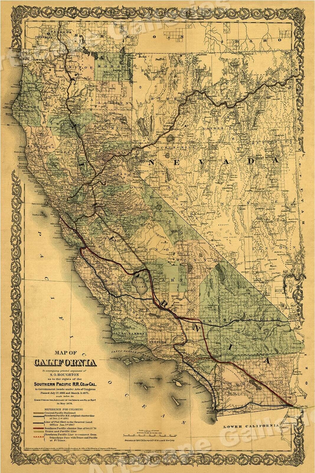 California and Southern Pacific Rail Line Vintage Map - 20x30