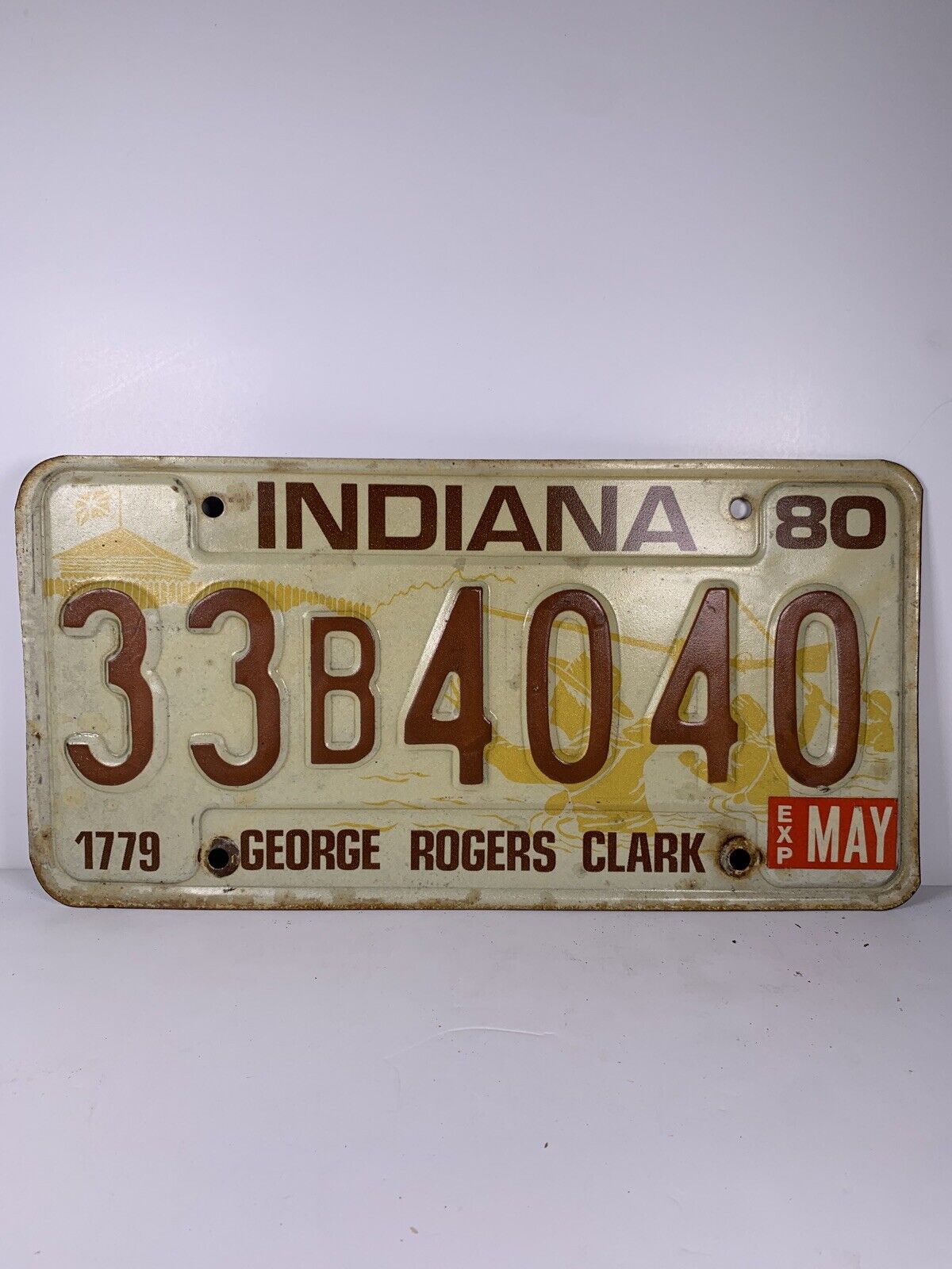 Vintage Original Indiana 1980 Year License Plate 33 B 4040 George Rogers Clark