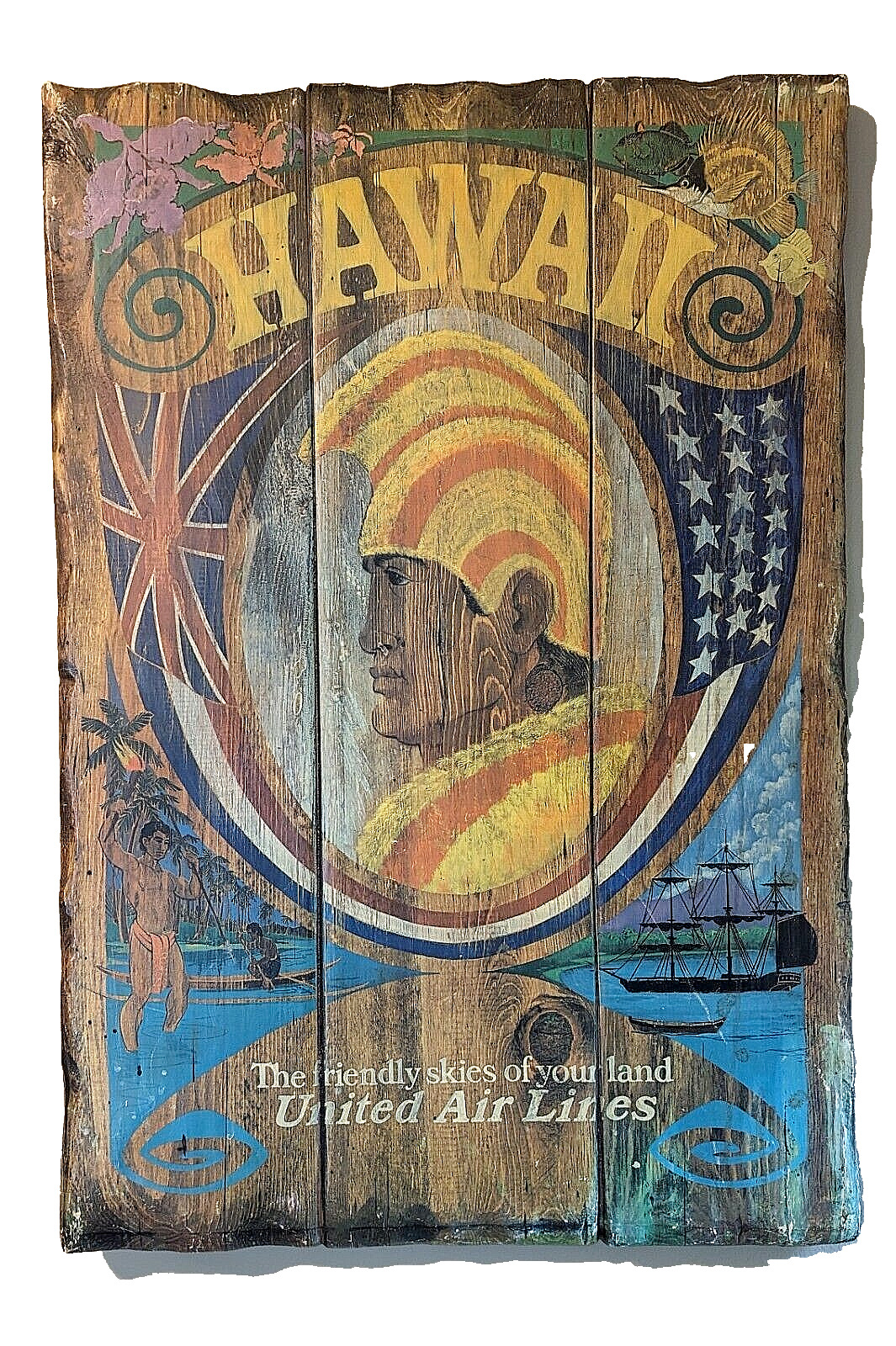 UNITED AIR LINES Advertising Original Vtg Hawaii  Signboard King Kamehameha 