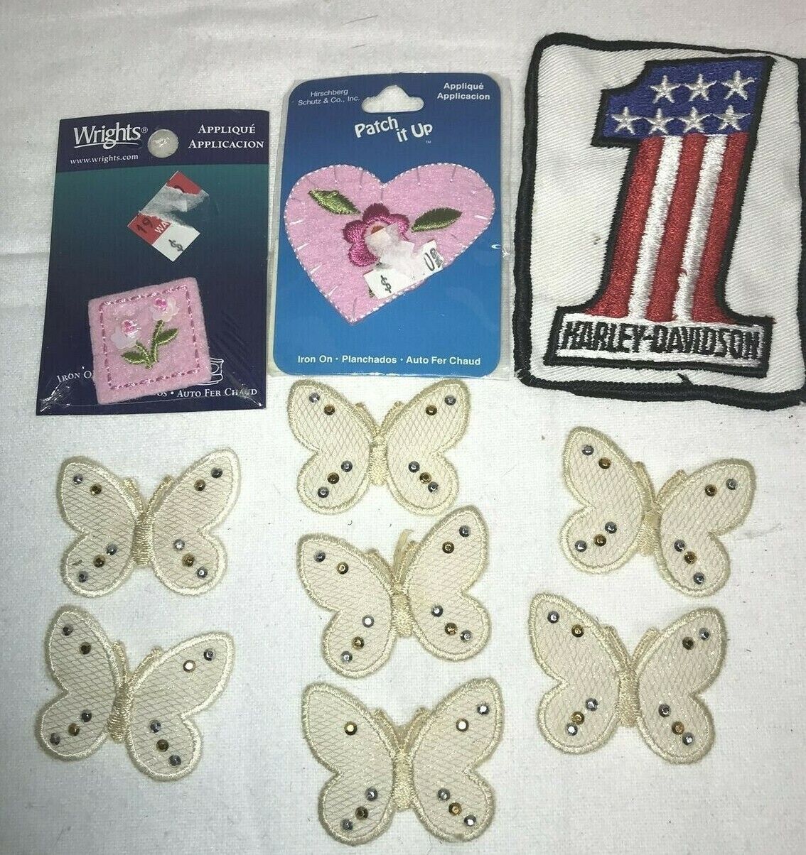Lot of 9Patches Appliques Incl. Harley Davidson, hearts, butterflies