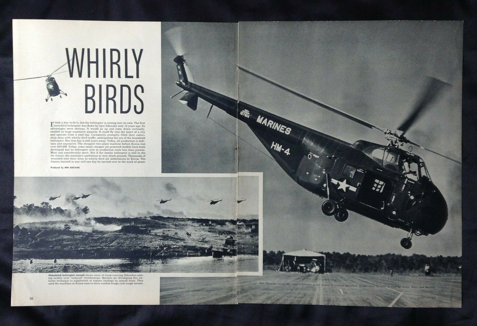 1951 Magazine Article Sikorsky Marine Helicopter & Howard Hughes XH17 Korean War