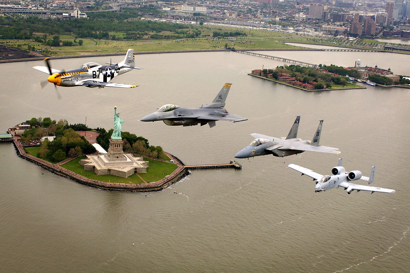 8x12 Photo P-51 Mustang-F-16-F-15 & A-10 Thunderbolt Fly Over Statue of Liberty