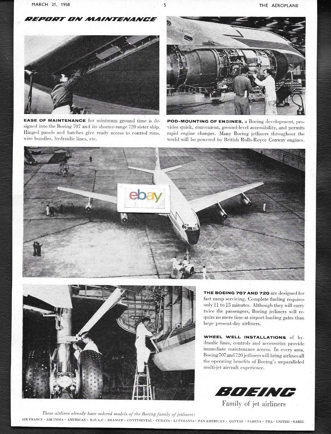  BOEING AIRCRAFT COMPANY 1958 BOEING 707 REPORT ON MAINTENANCE AD