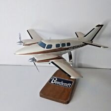 Beechcraft Twin Prop Airplane Model Wood Desktop N6452C White Brown Stripe Stand picture