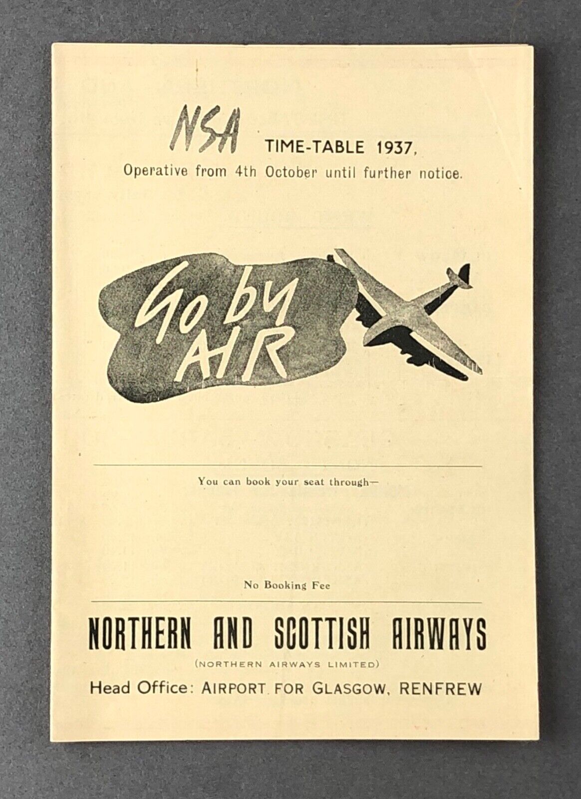 NORTHERN & SCOTTISH AIRWAYS AIRLINE TIMETABLE OCTOBER 1937 