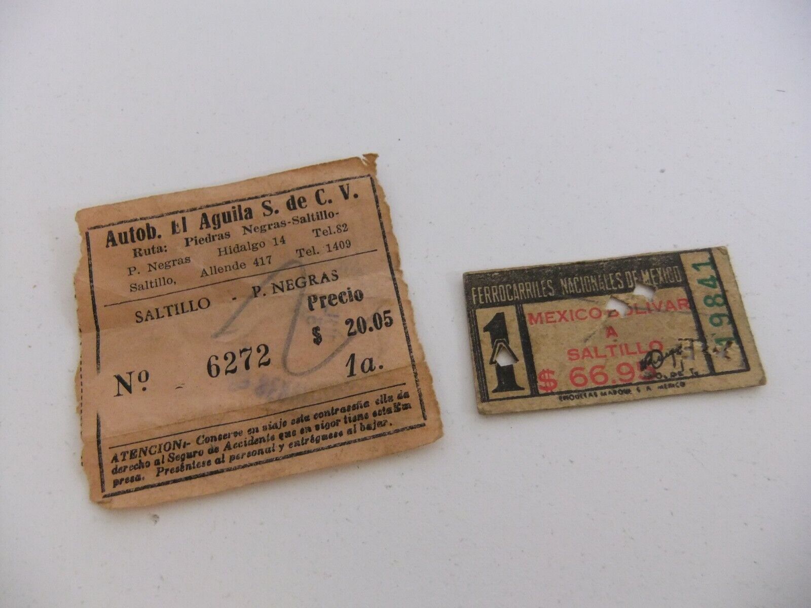 1954 Mexican Train Buss Tickets Mexico Bolivar to Saltillo Piedras Negras