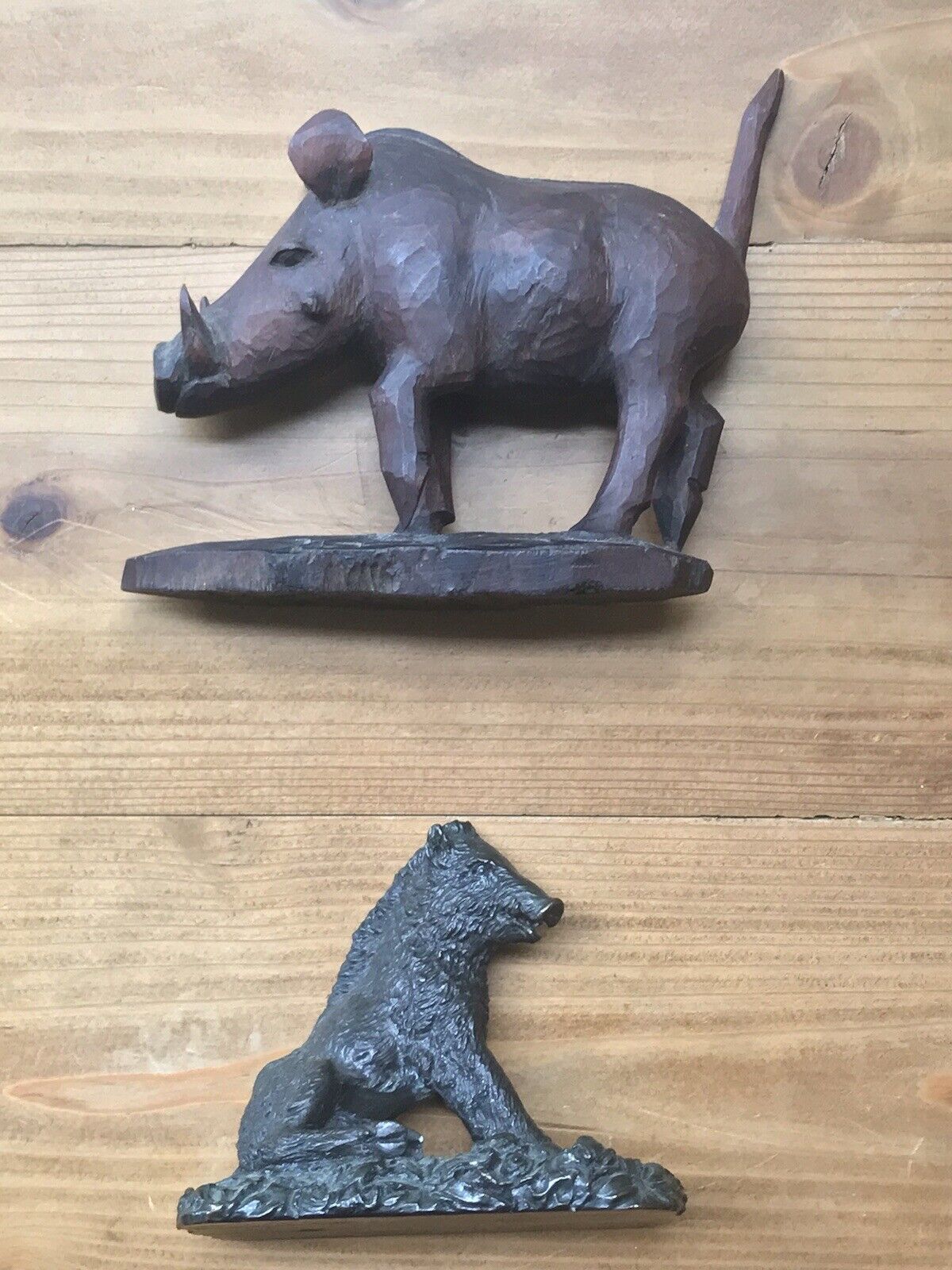 Set of 2 Vintage Warthogs Wild Boar Carved Wood & Resin