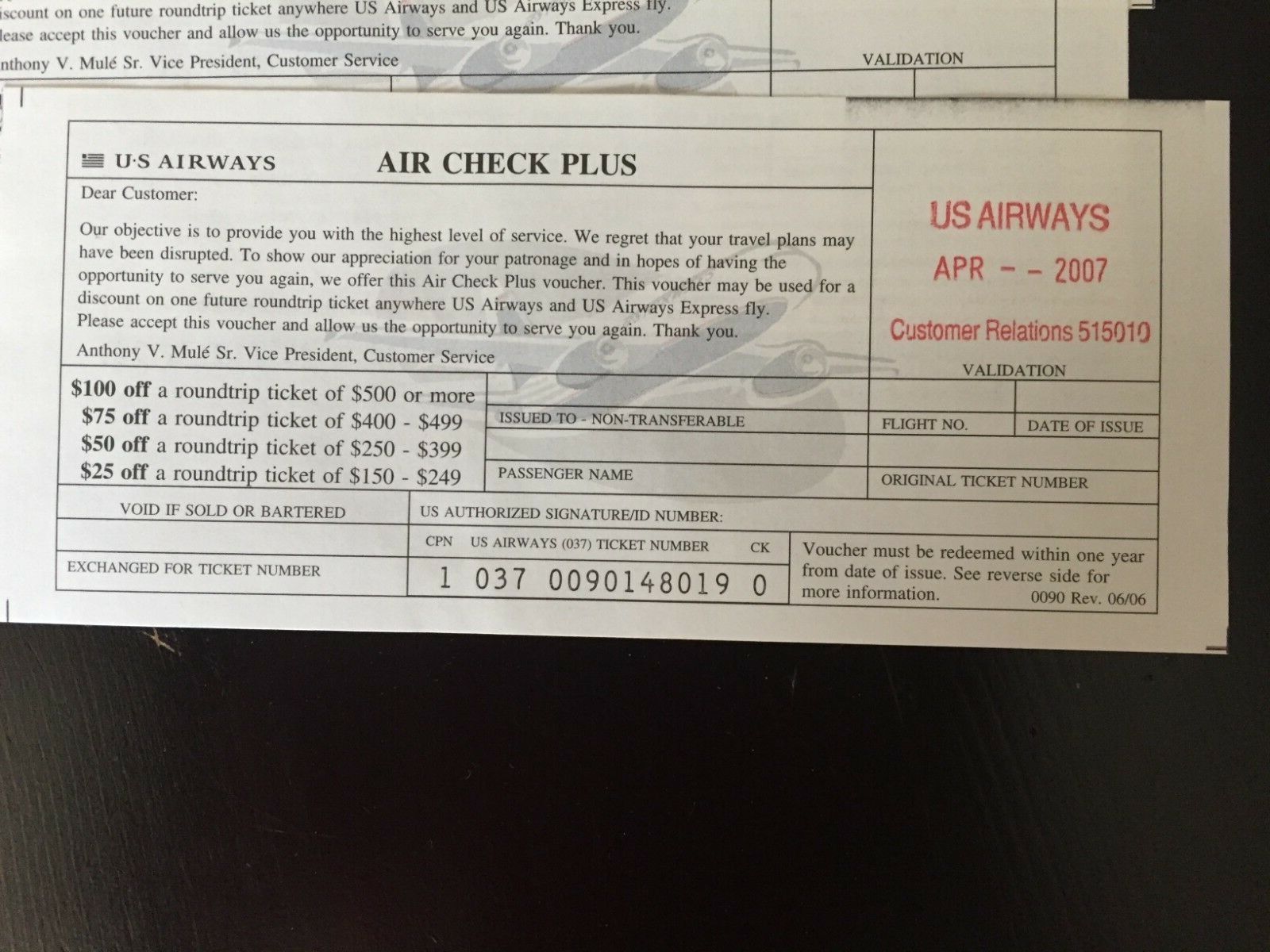 Three (3) US Airways Air Check Plus ticket voucher certificates -- expired