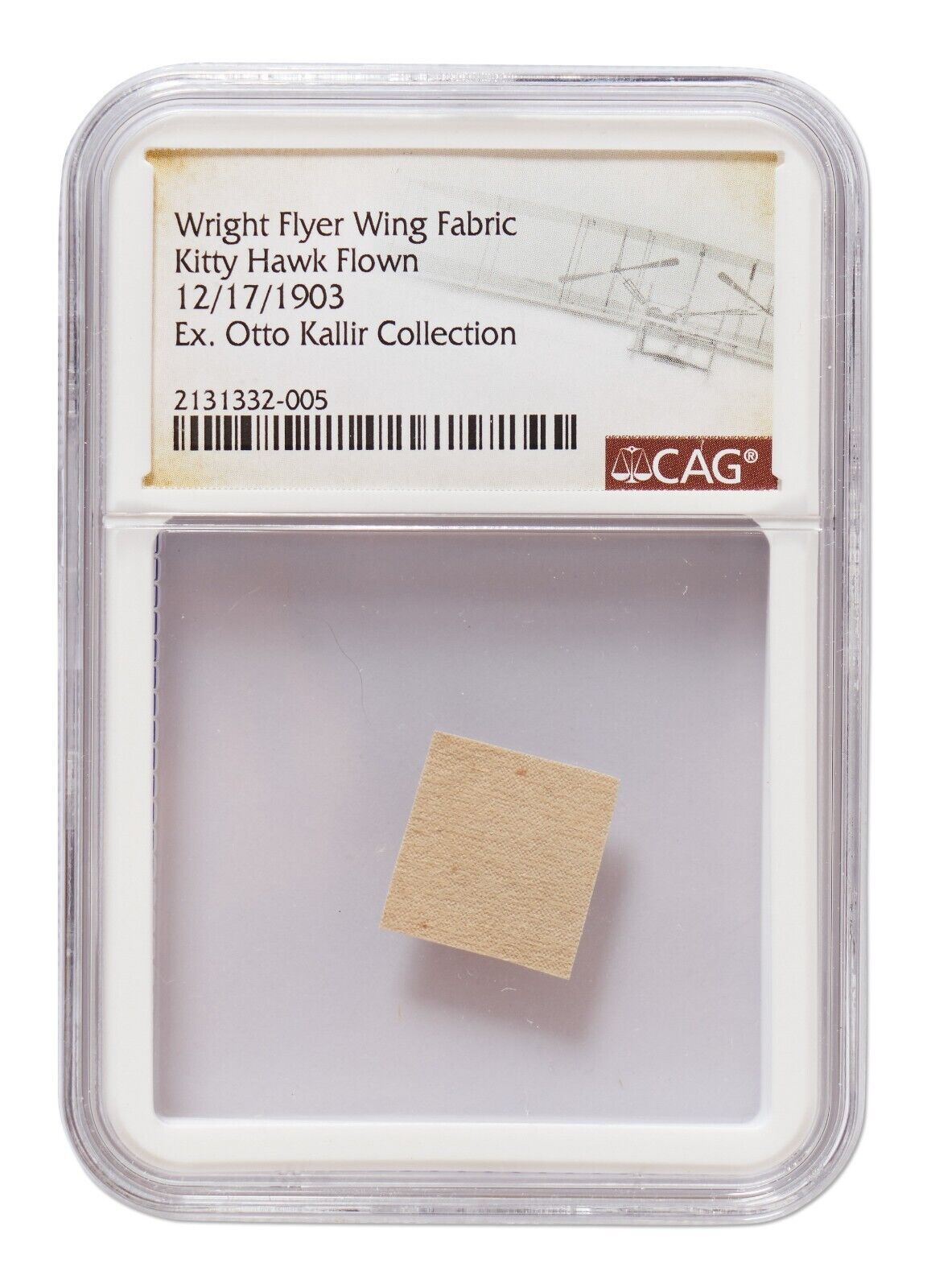 Wright Flyer Fabric Swatch Flown @ Kitty Hawk During 1st Flight CAG Encapsulated