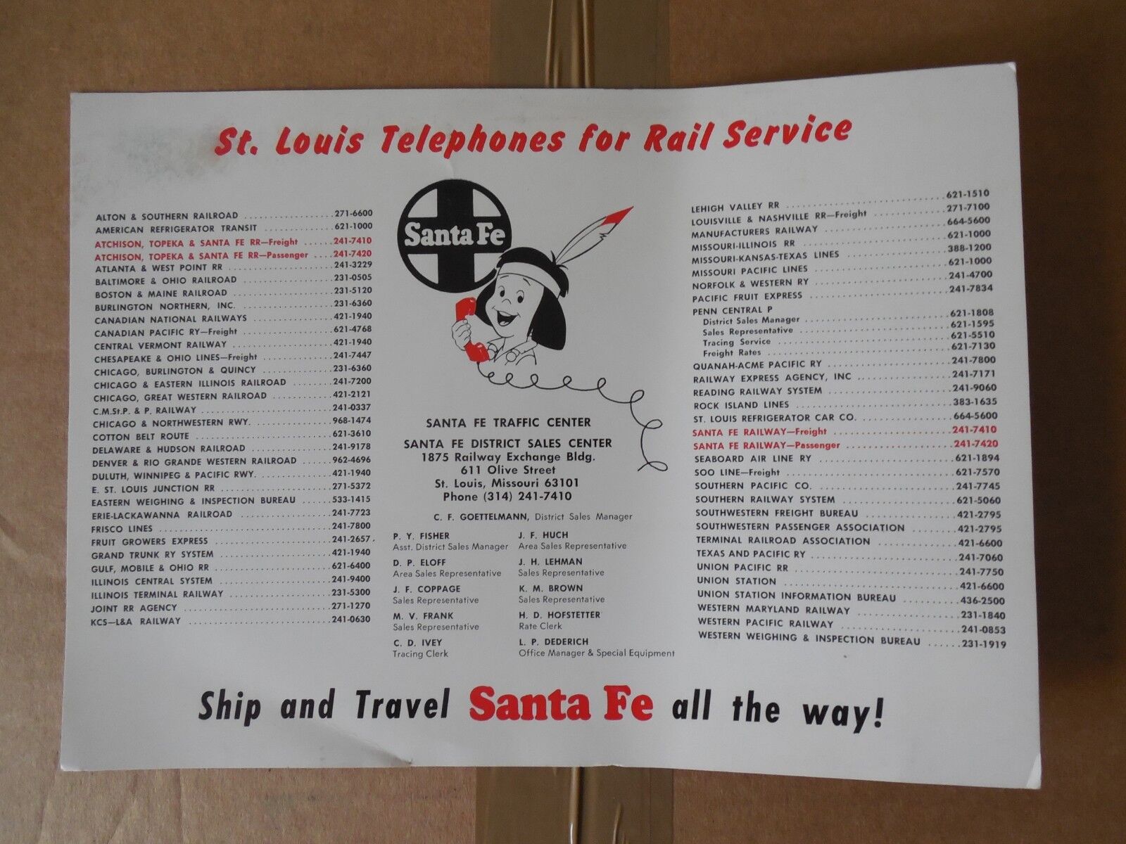 Santa Fe St. Louis Telephones for Rail Service card early 1970\'s