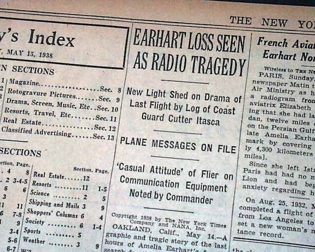 AMELIA EARHART Pacific Ocean Disappearance USCGC Itasca RADIO Log 1938 Newspaper