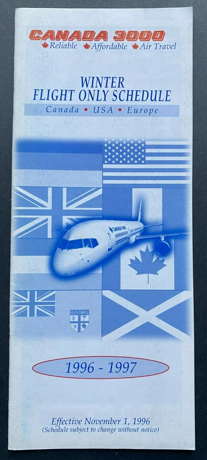 Canada 3000 Airlines Timetable Effective November 1, 1996