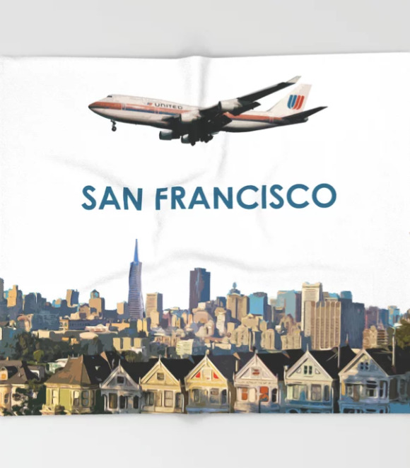 United Airlines Boeing 747 over San Francisco - 51x60 Throw Blanket