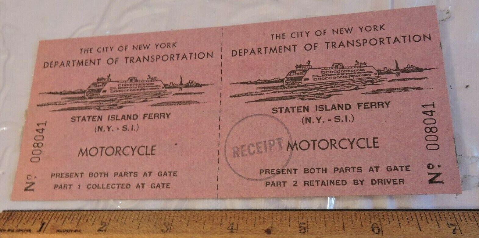 Rare 1955? Staten Island Ferry New York City MOTORCYCLE Complete Ticket NYC