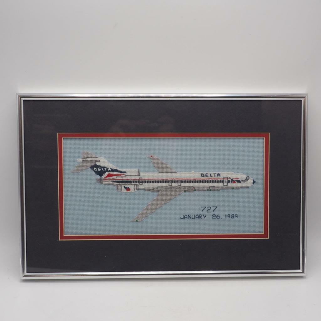 Vintage Boeing 727 Delta Embroidered Cross Stitch Framed Airplane Art