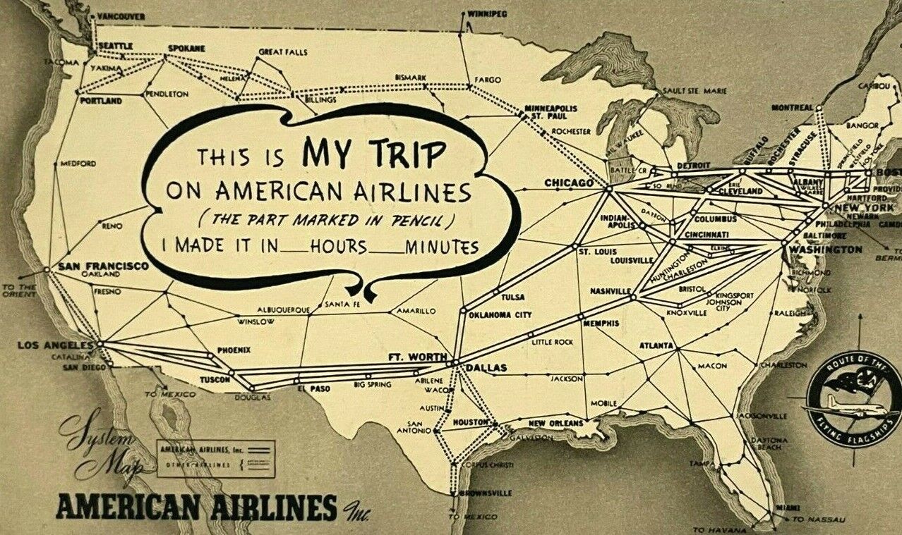 American Airlines This is my Trip Unused Route Map Vintage Postcard