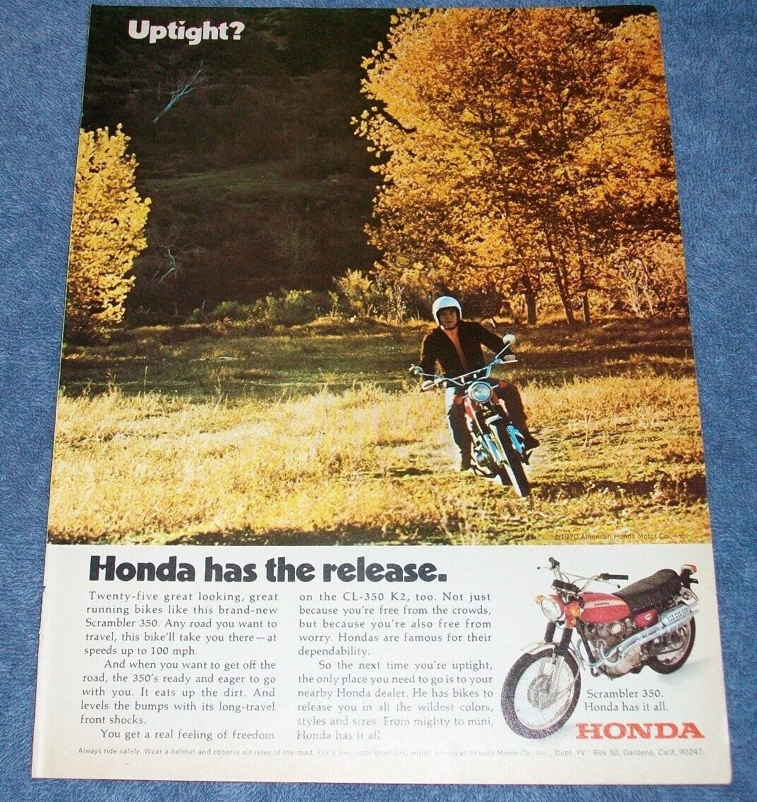 1970 Honda Scrambler CL-350 K2 Motorcycle Vintage Ad \