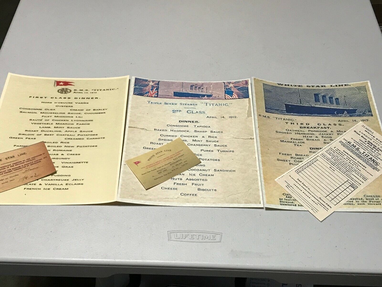 RMS TITANIC 1st, 2nd, and 3rd class menus and 3 boarding passes From Night Of Si