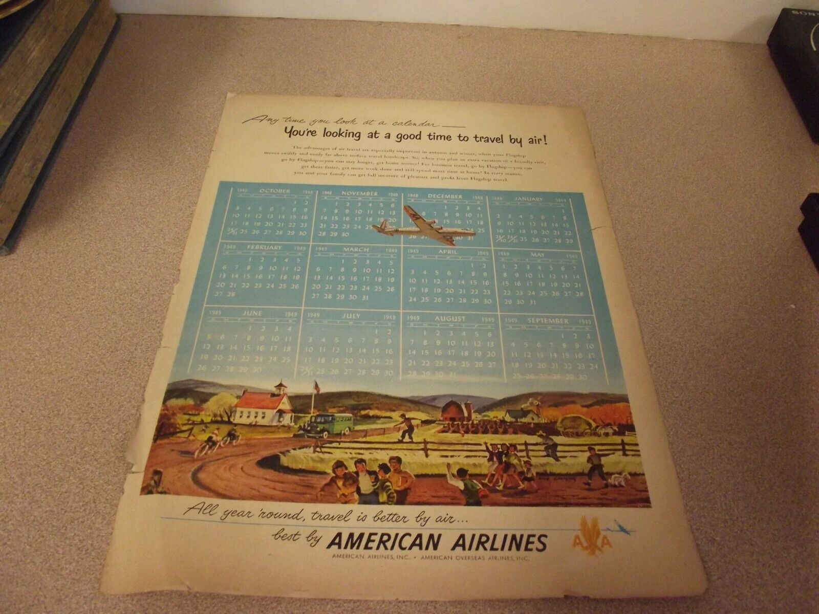1948-49 American Airlines Vintage Print Ad Calendar Good Time To Travel By Air 