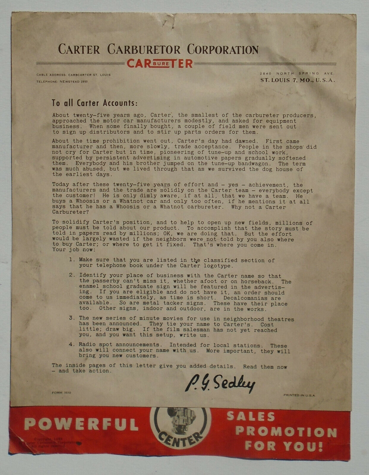 Carter Carburetor 1948 National Advertising letter and poster